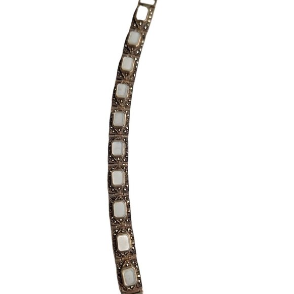 Vtg Sterling Silver Mother Of Pearl & Marcasite Panel Bracelet 6 1/2' 30.87g - Picture 1 of 5